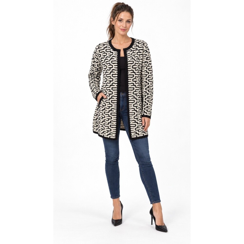 Neiman Marcus Black White Long Line Cardigan Thick Knit Geo Pattern L